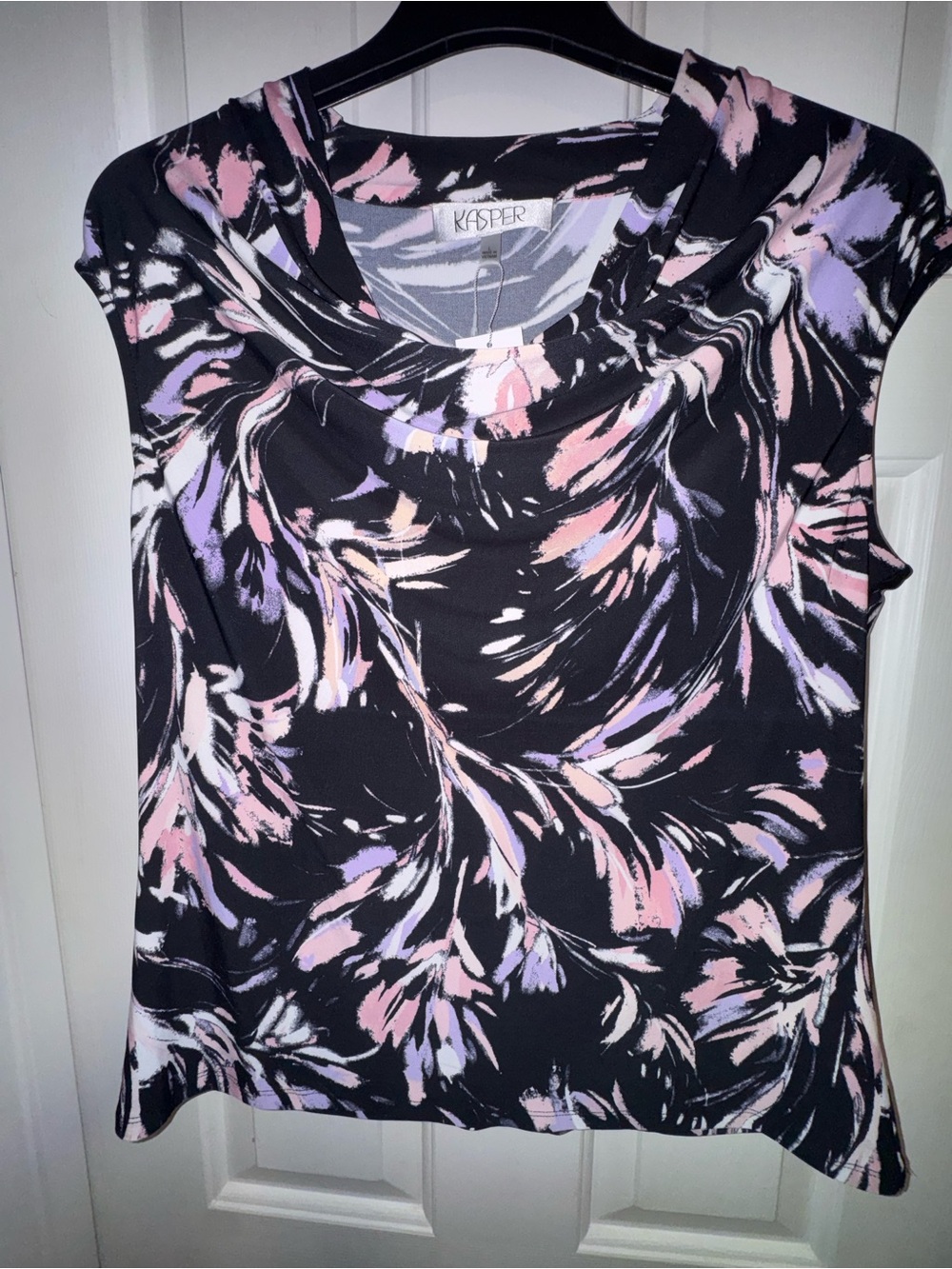 Kasper Printed Cowlneck Sleeveless Pink & Black Pull-On Blouse. Large. NWT.